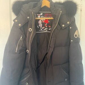 Moose Knuckles Women's Black Down Puffer with Fur-Trim Hood
